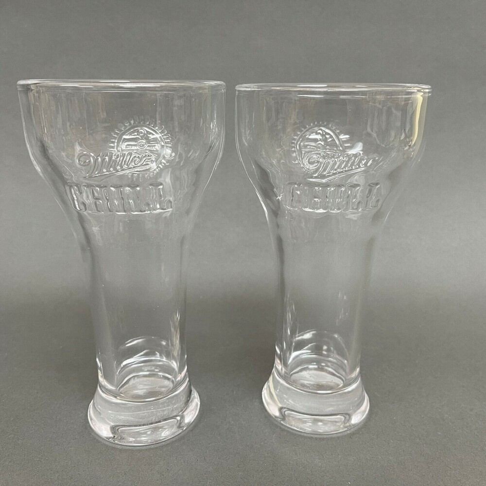 Miller‎ Chill Pilsner Beer Clear Glass Aztec Bird Emblem 7 3/8" Lot of 2
